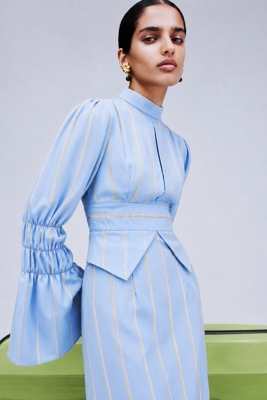 DESTREE Keith Striped Ruched Bell Sleeve Maxi Dress Blue Yellow small